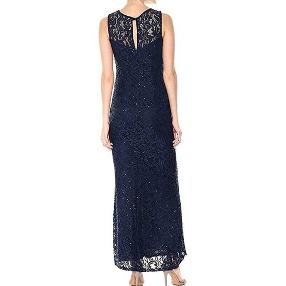 NEW MARINA Sequin Lace Gown Dress Sz 6 Navy Blue Sleeveless Sheath Keyhole Back - Picture 3 of 16